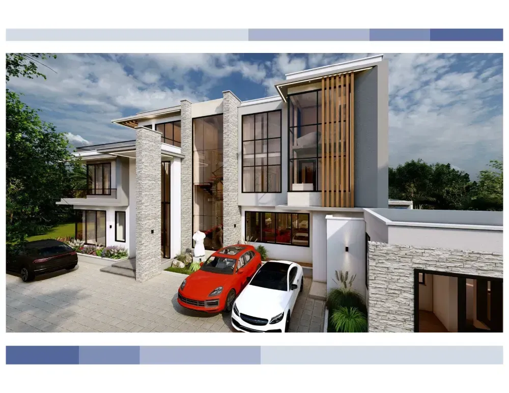 Two cars are parked in front of a large house.