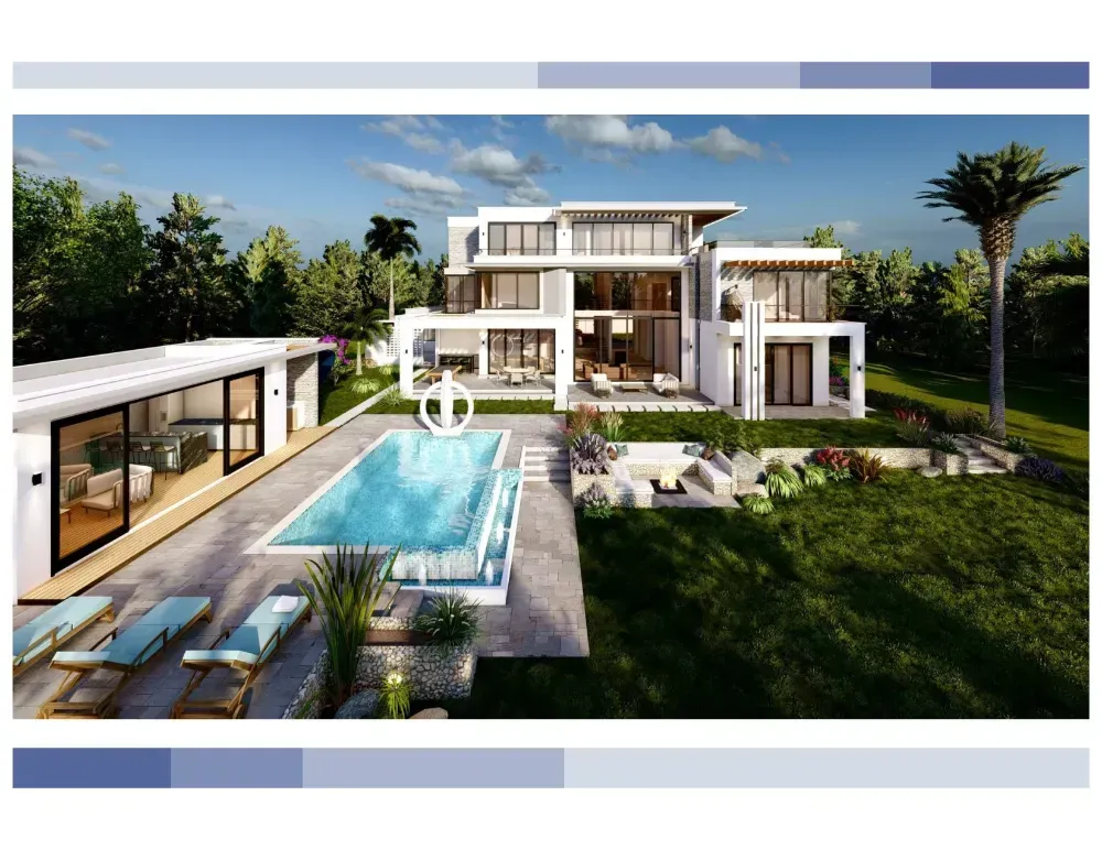 A large house with a swimming pool in the backyard.