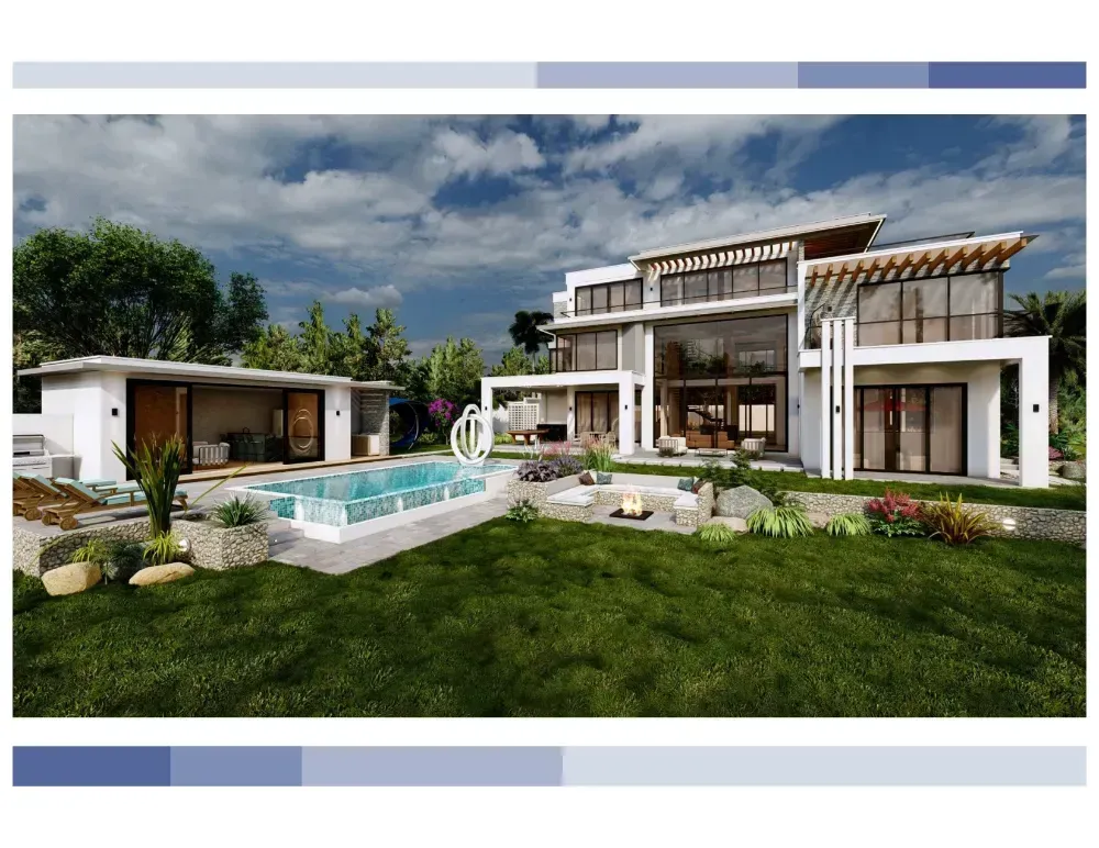 A large modern house with a swimming pool in the backyard.