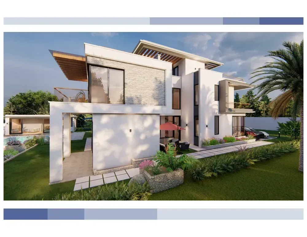 An artist 's impression of a modern house with a large lawn in front of it.