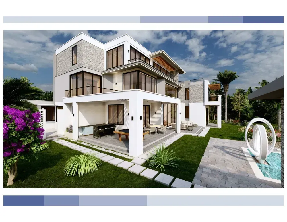 A large white house with a lot of windows and a swimming pool in the backyard.