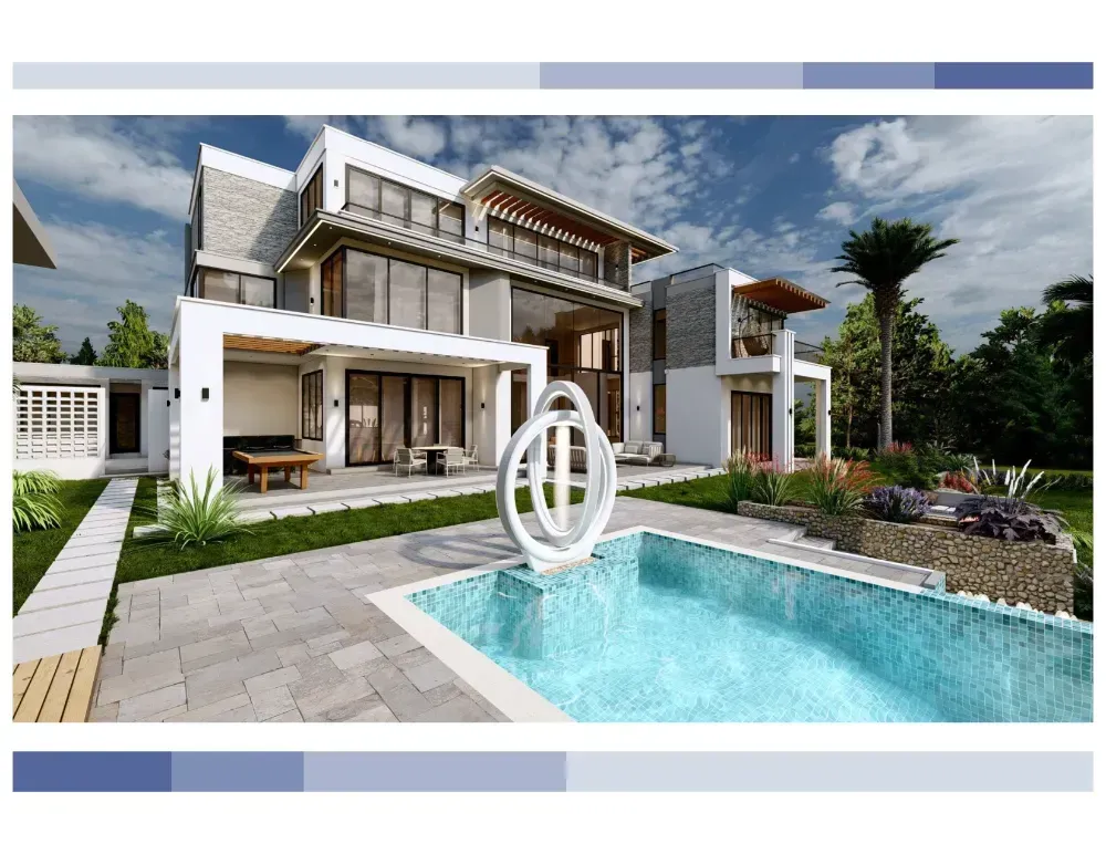 A large house with a swimming pool in front of it.