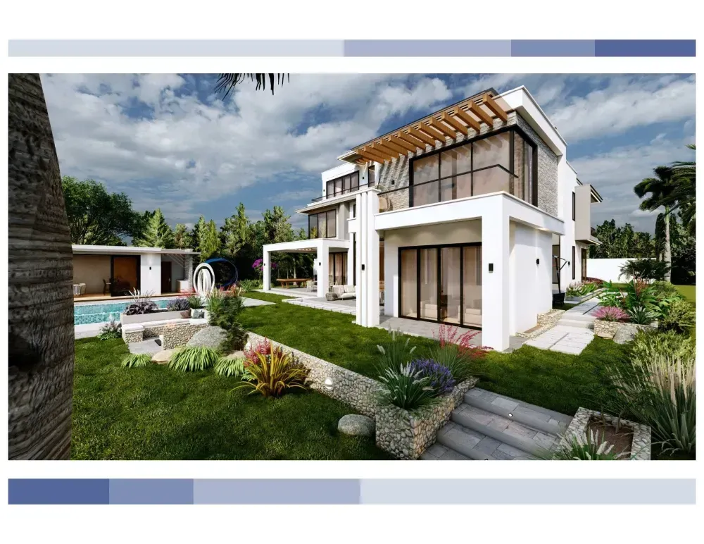 An artist 's impression of a modern house with a swimming pool in the backyard.