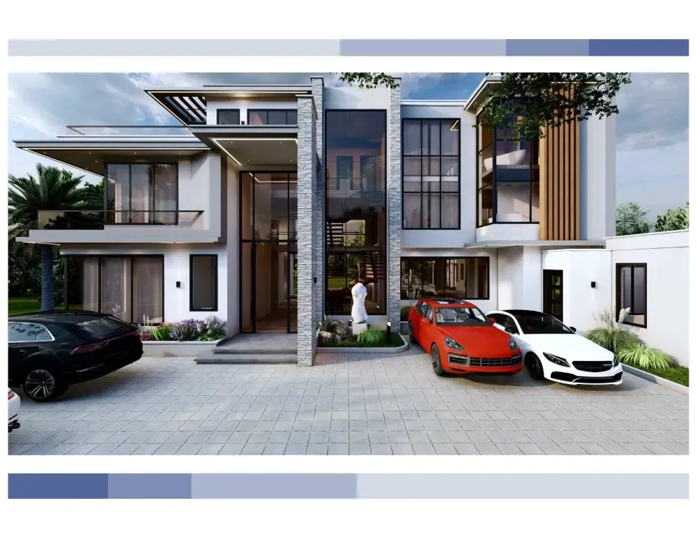 Two cars are parked in front of a large house.