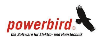 Logo für die Software "powerbird" für Elektro- und Gebäudetechnik, mit rotem Text und einer schwarzen Adlersilhouette.