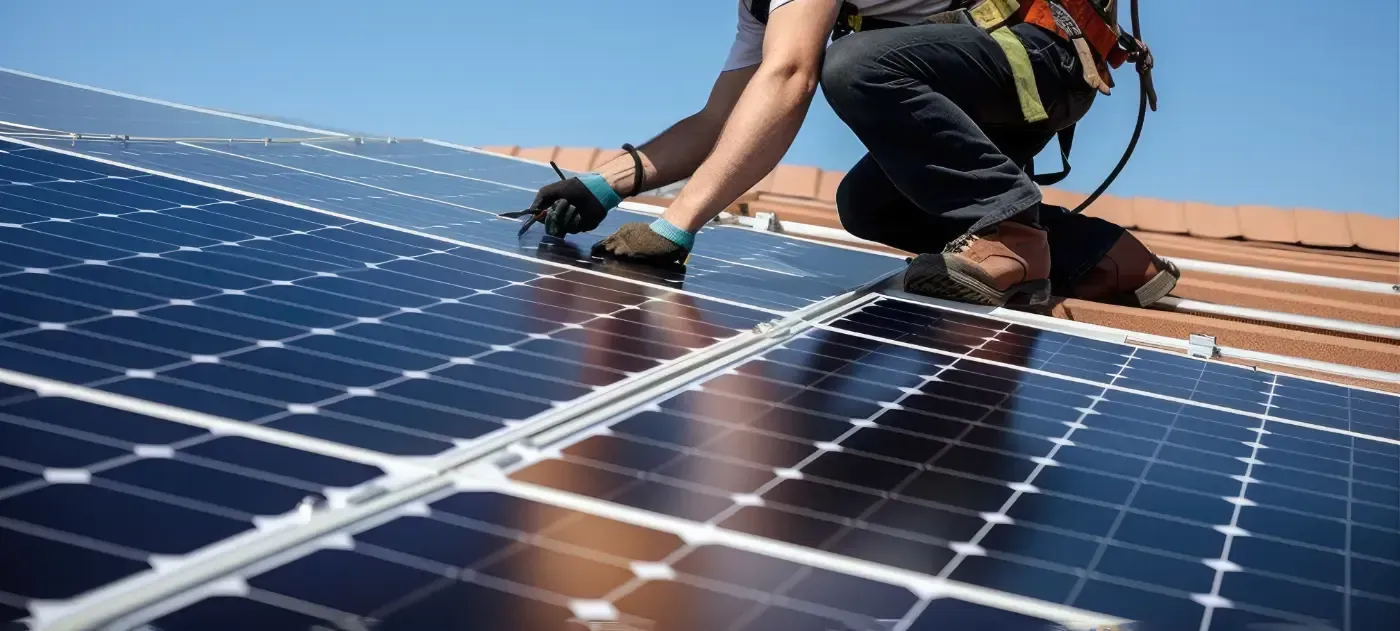 Eine Person installiert Solarmodule auf einem Dach.