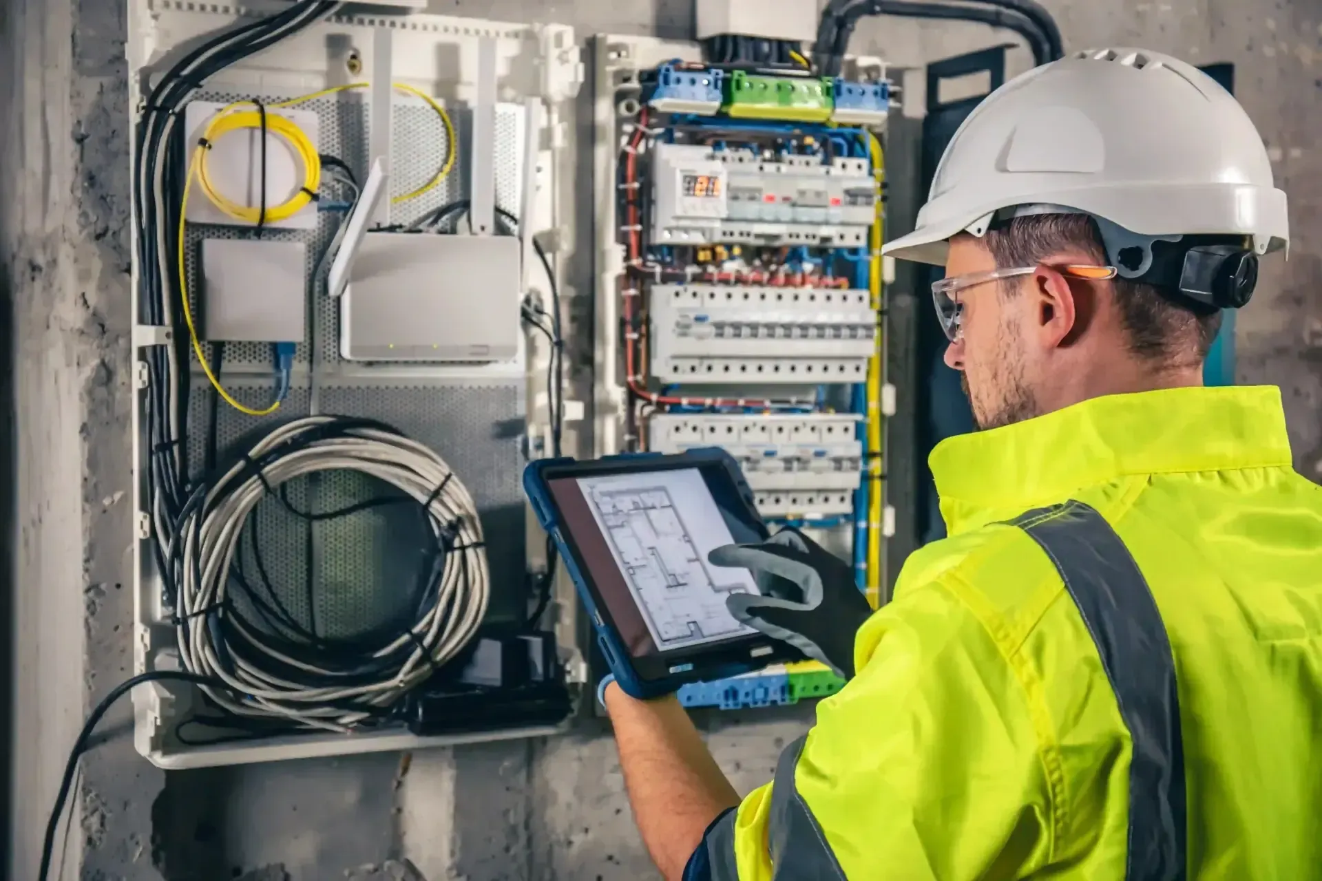 Ein Elektriker schaut vor einem Schaltkasten auf ein Tablet.