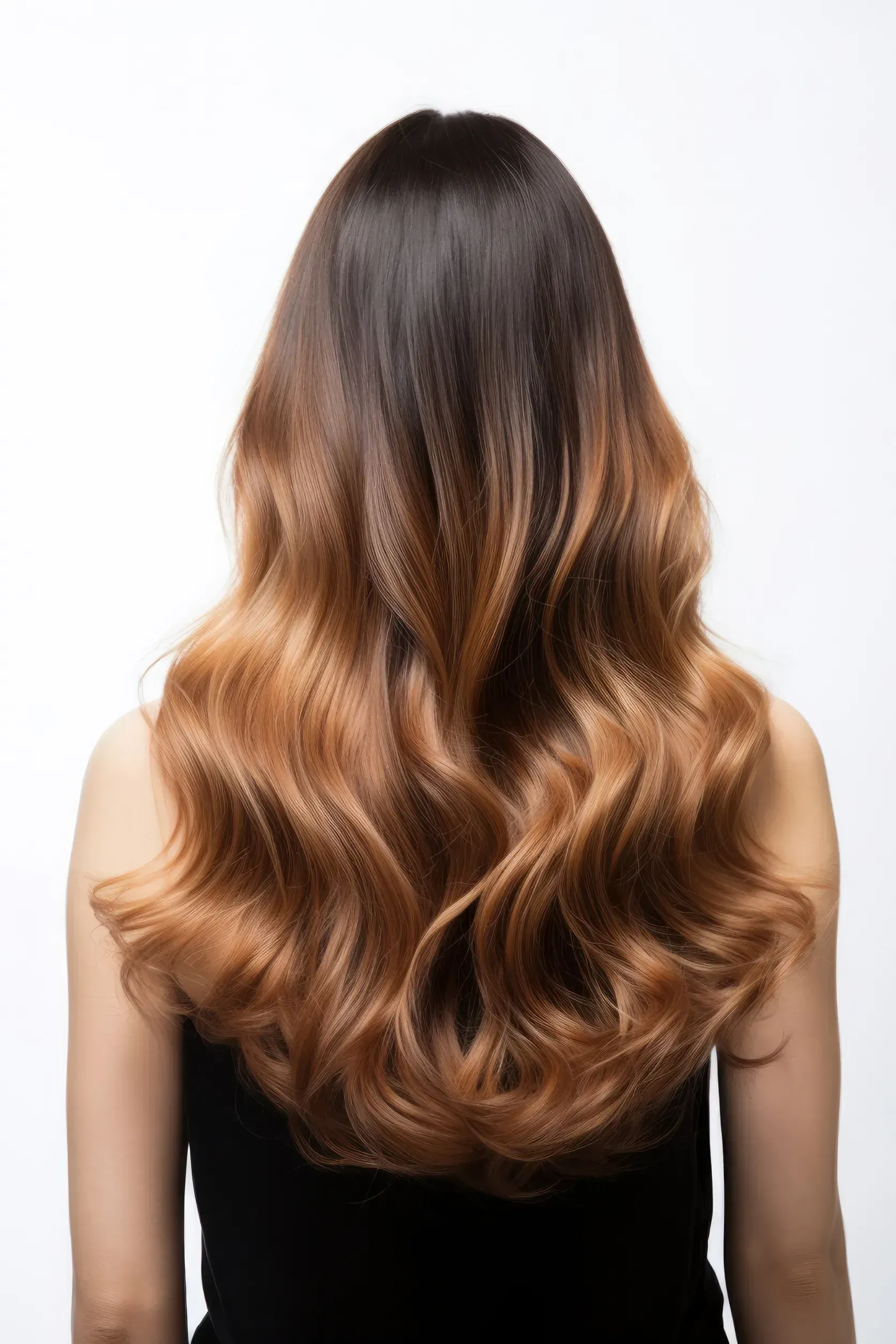 La espalda de una mujer con cabello castaño largo y ondulado.