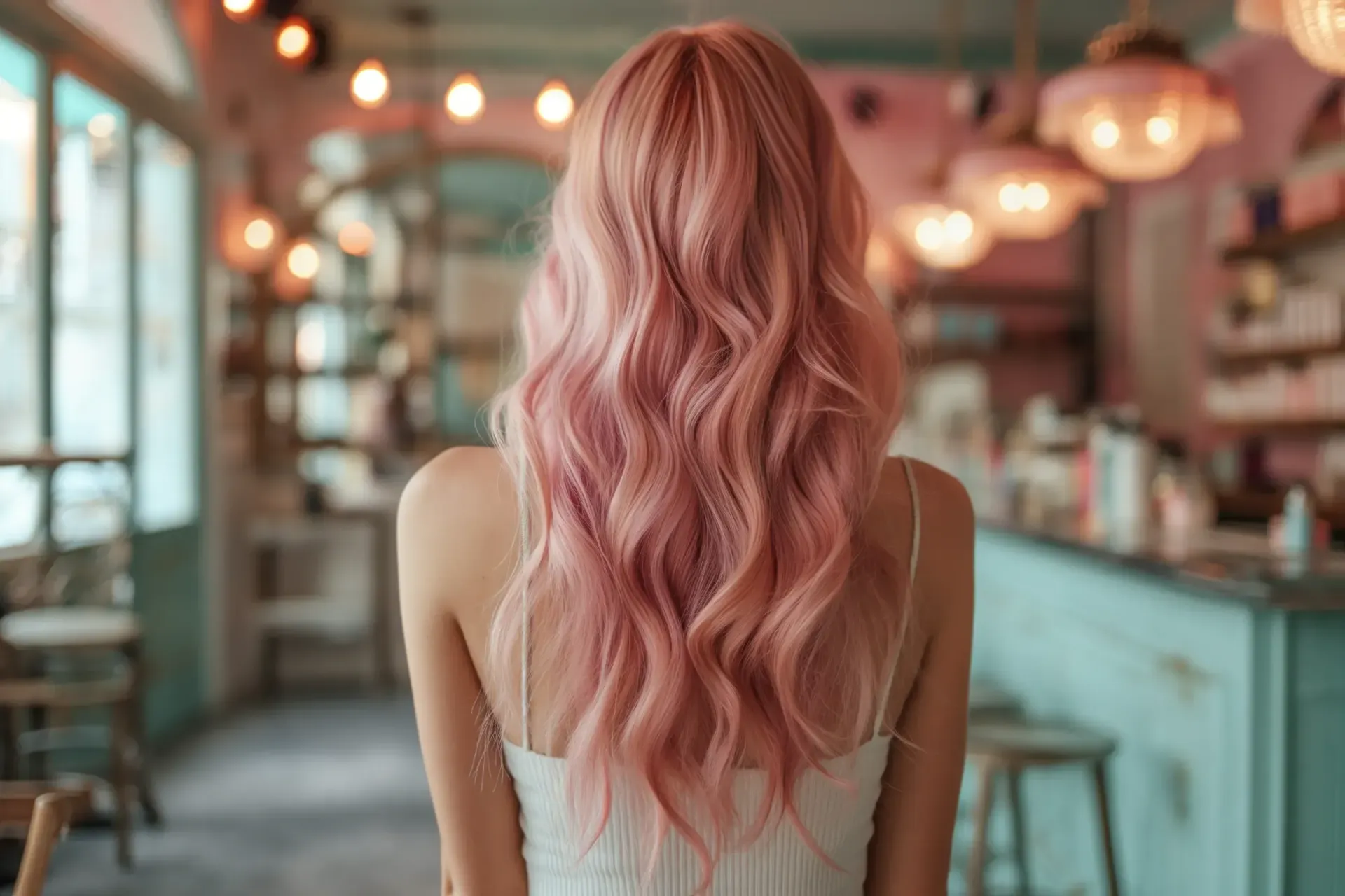 Una mujer con cabello largo y rosado está parada en un restaurante.