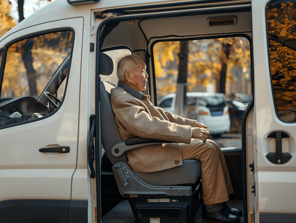 Ein älterer Mann sitzt auf dem Rücksitz eines Lieferwagens.