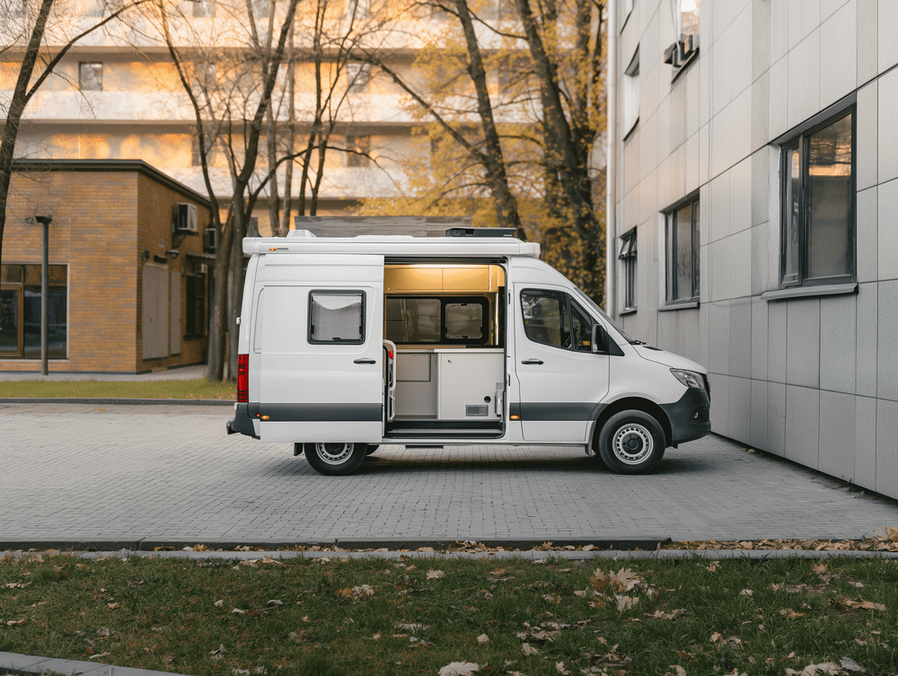 Vor einem Gebäude parkt ein weißer Lieferwagen mit offenen Türen.