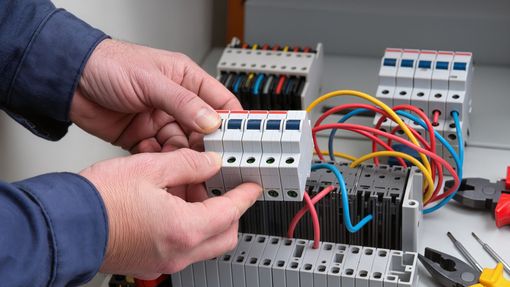 Des mains tiennent un disjoncteur modulaire à quatre pôles.