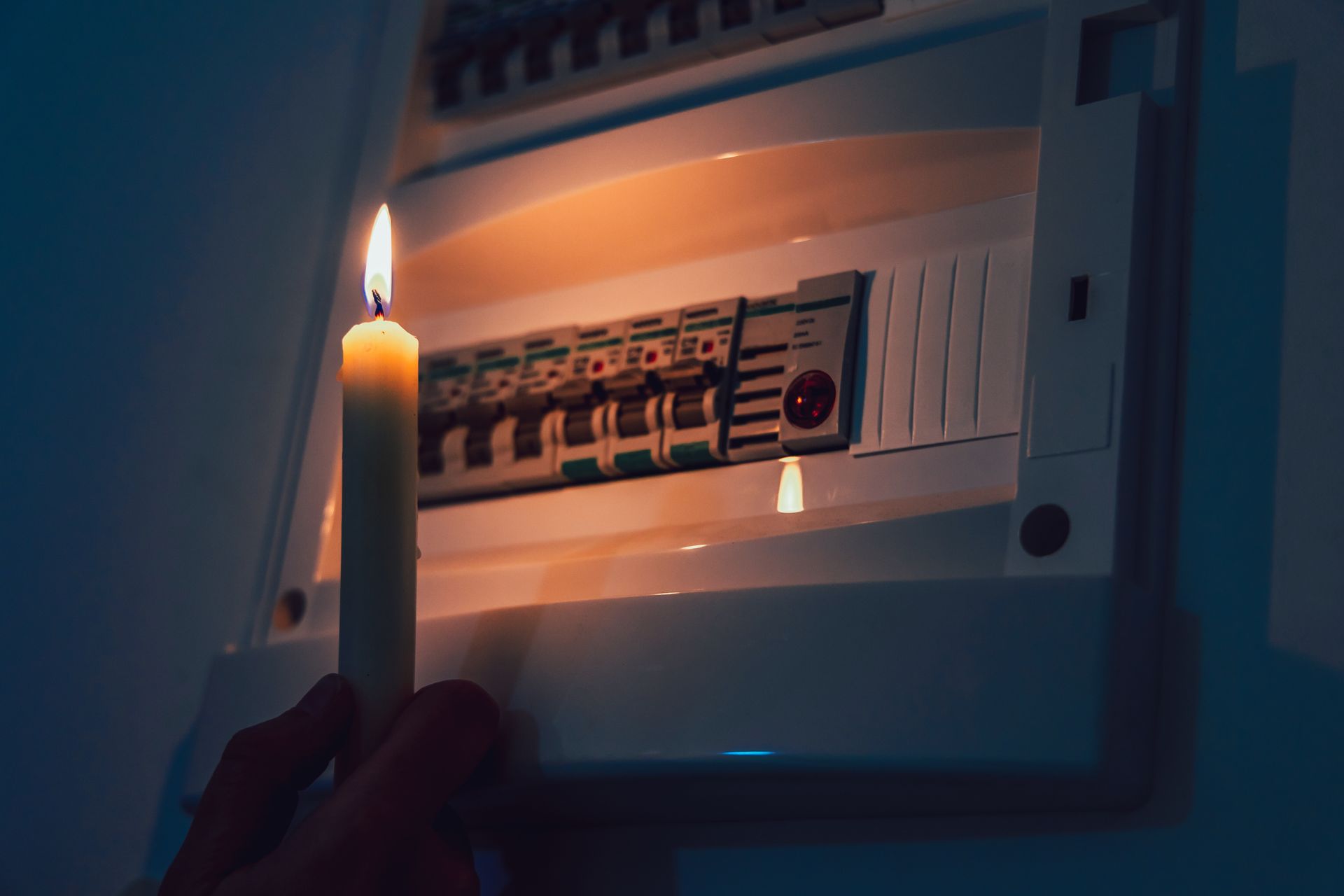 Une main tient une bougie allumée pour éclairer un tableau électrique résidentiel lors d'une panne de courant.