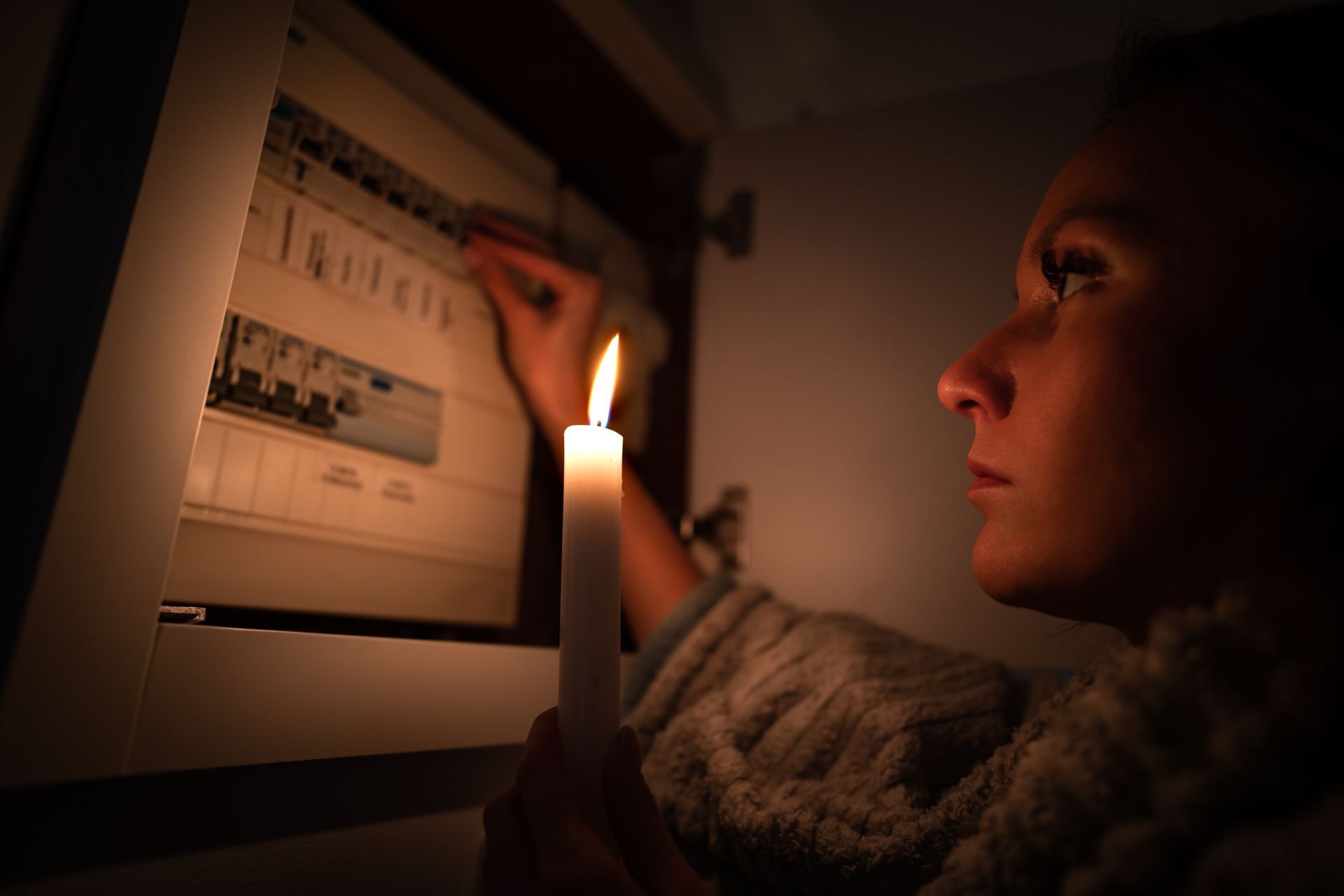 Une personne utilise une bougie allumée pour éclairer le tableau électrique de sa maison lors d'une panne de courant.