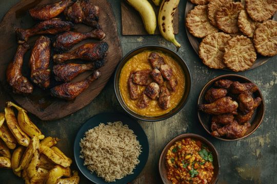 Des plats avec du poulet, du riz et des galettes.