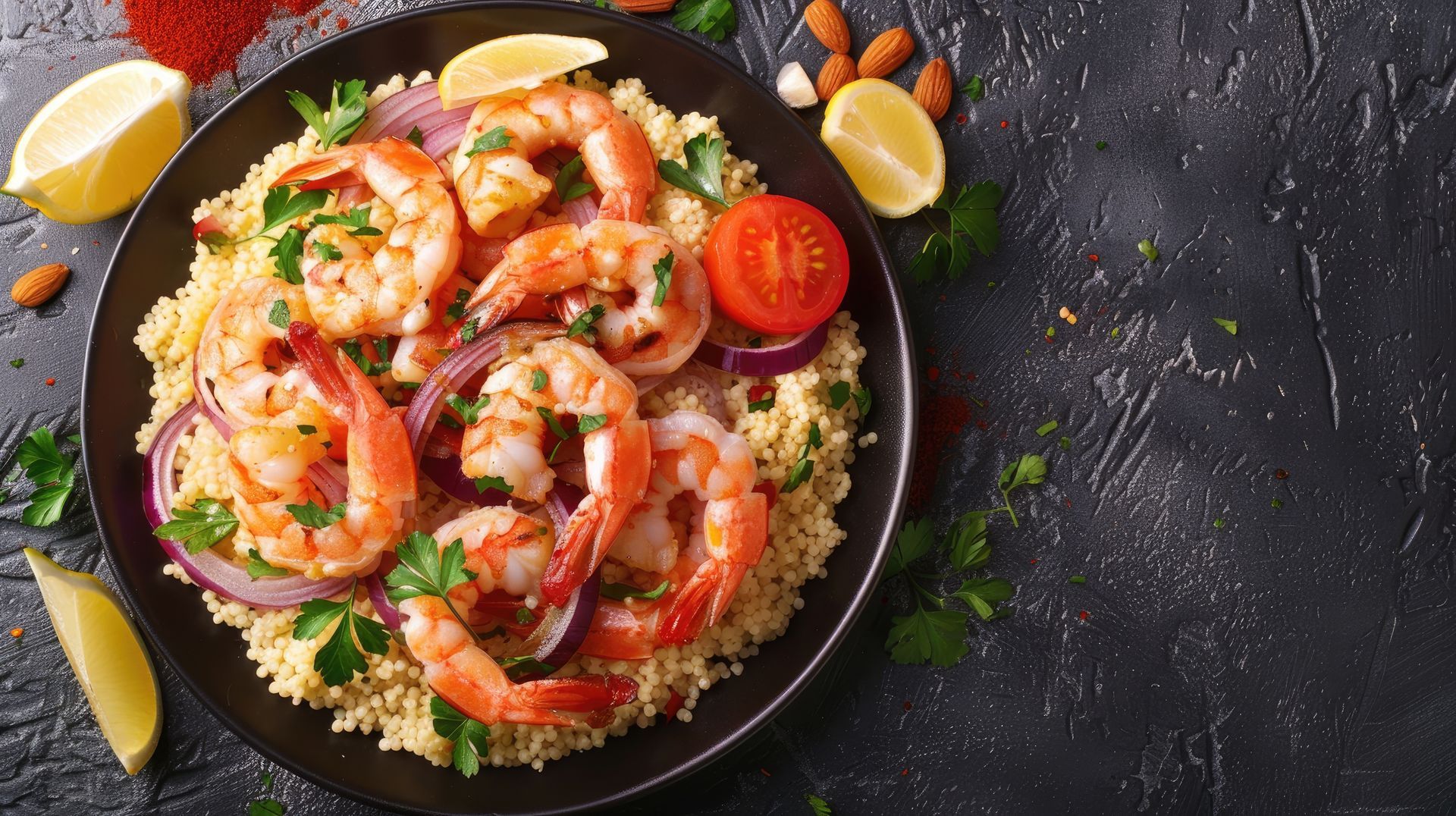 Un plat africain avec des crevettes et des légumes.