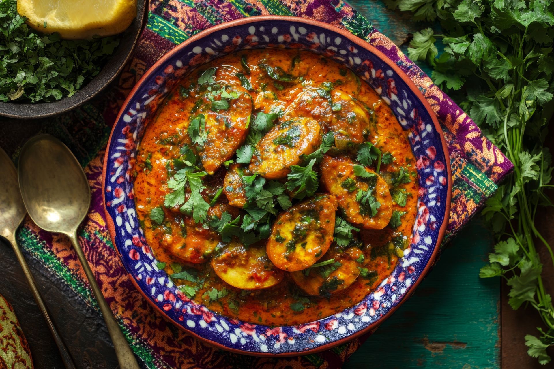 Une assiette colorée avec des bananes en sauce.