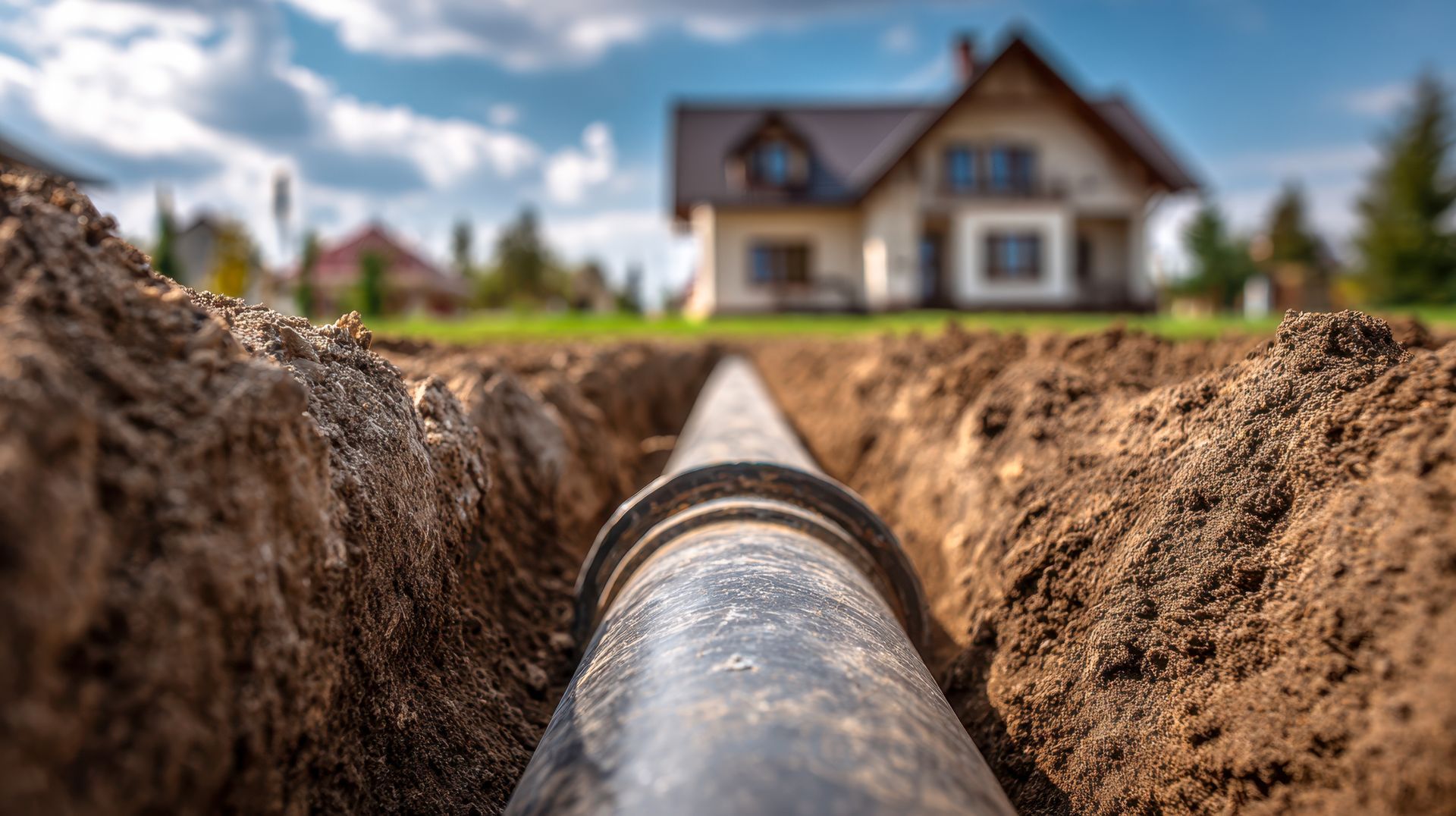 Pose d'une canalisation enterrée dans une tranchée, avec une maison en arrière-plan.