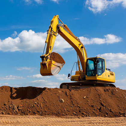 Une pelleteuse jaune creuse un monticule de terre sous un ciel bleu nuageux.