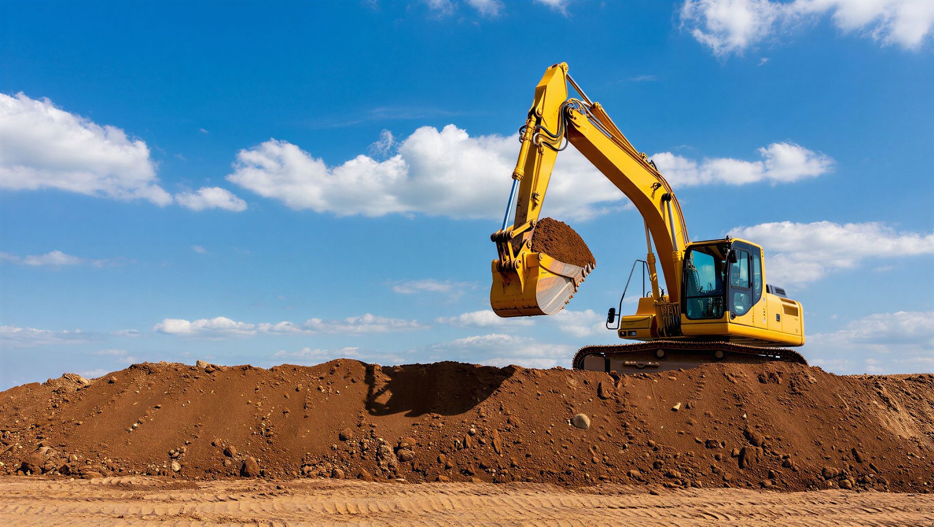 Une pelleteuse jaune sur un monticule de terre sous un ciel bleu nuageux.