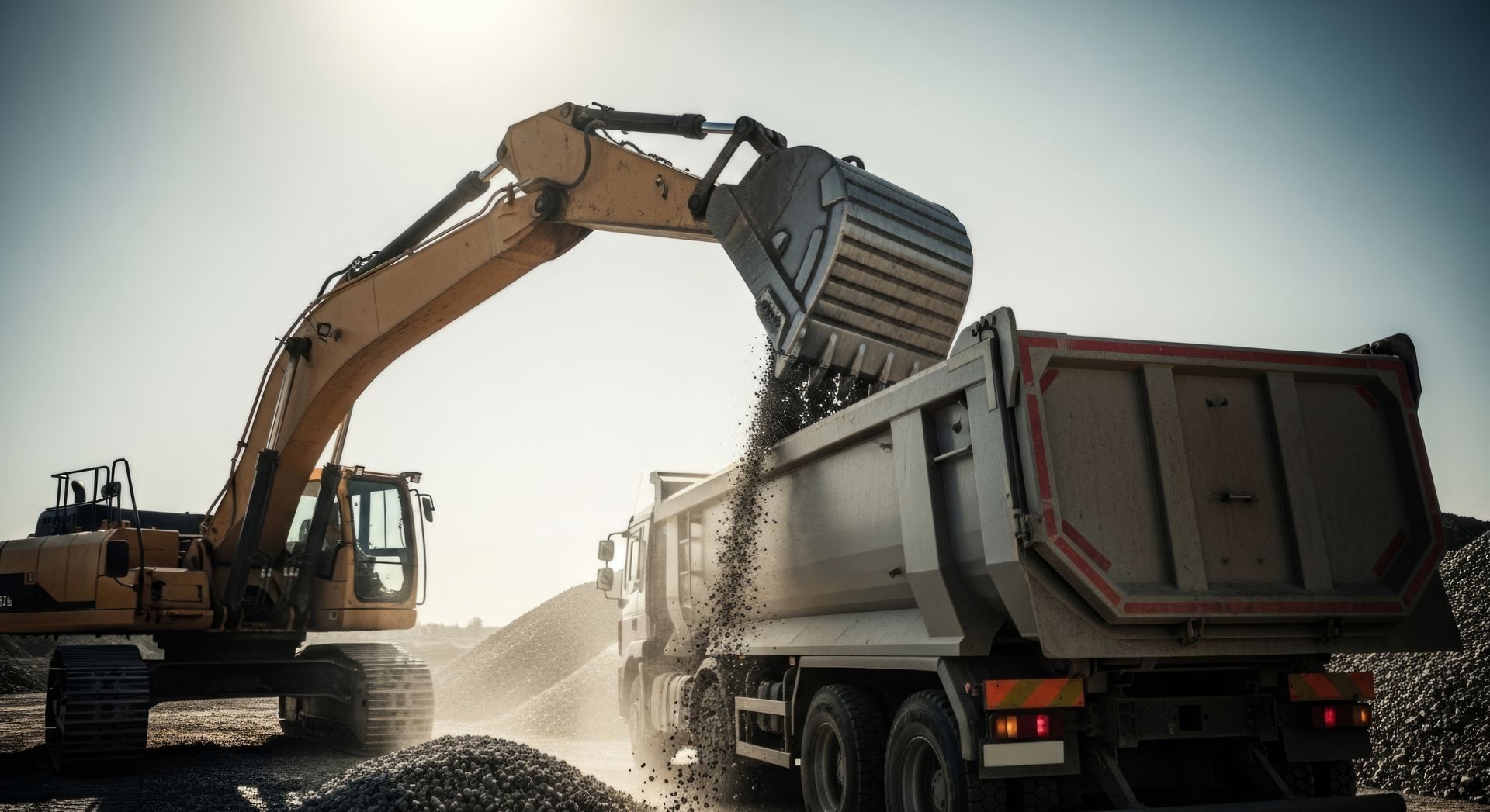 Une excavatrice charge du gravier dans un camion-benne.