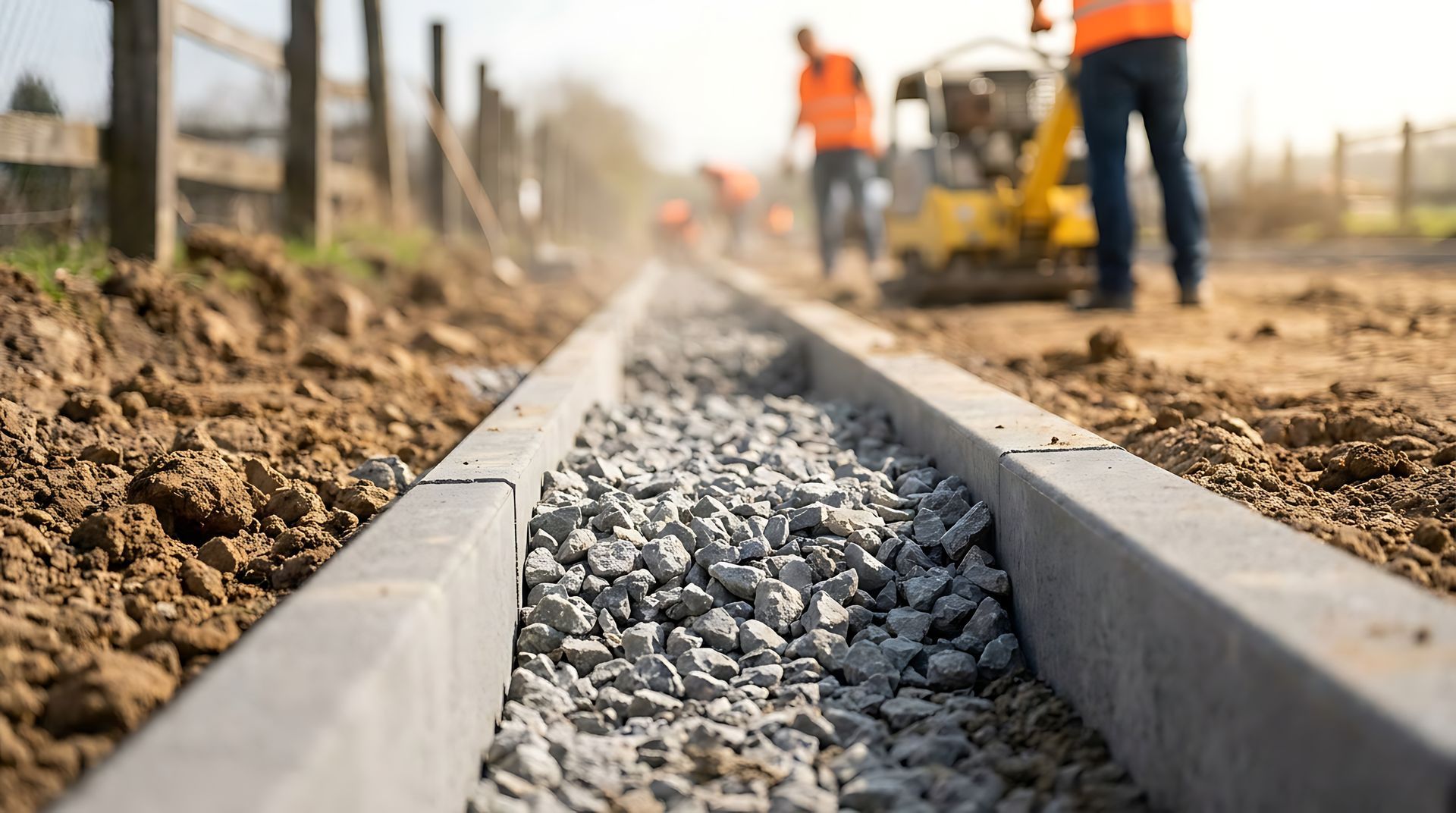 Bordure de route en construction, recouverte de gravier, avec des ouvriers en gilets de sécurité orange en arrière-plan.
