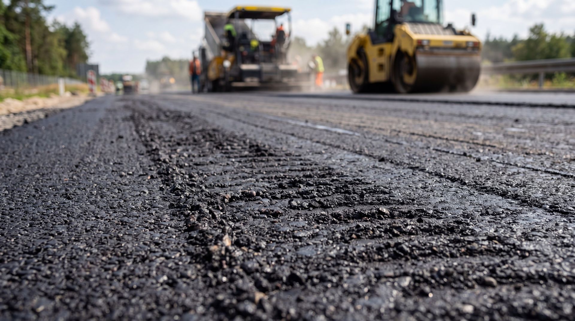 Machines de pavage étalant de l'asphalte noir frais sur une autoroute.