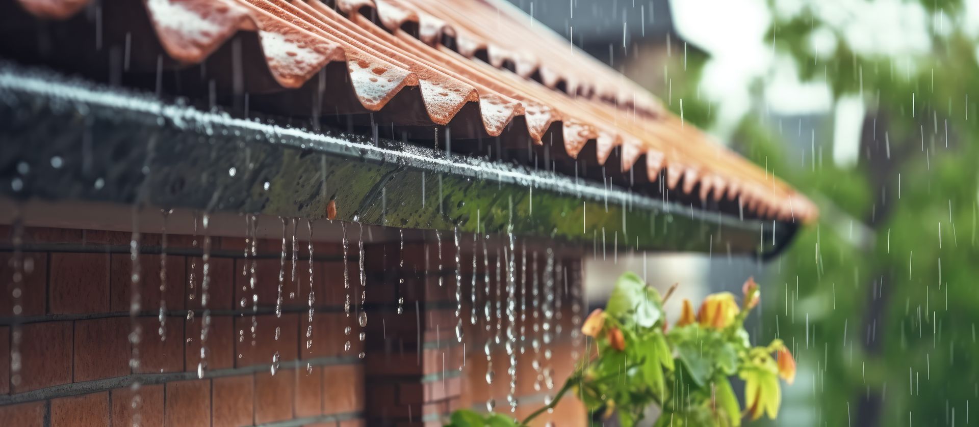 Gouttière de maison évacuant l'eau de pluie lors d'une averse.