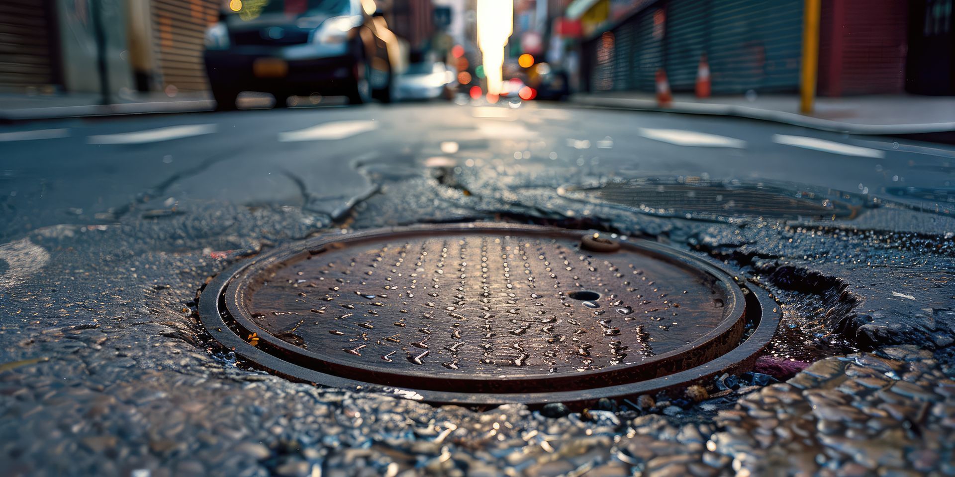 Rue pluvieuse avec une plaque d'égout au premier plan.