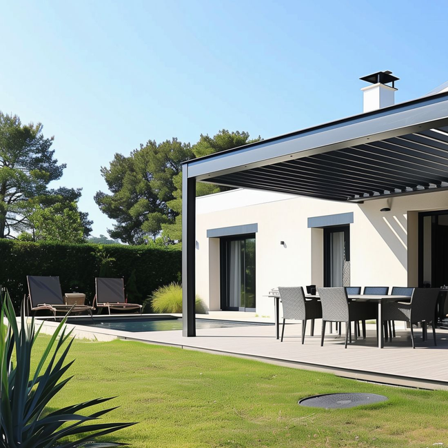 Maison blanche moderne avec pergola bioclimatique, espace piscine et terrasse aménagée.