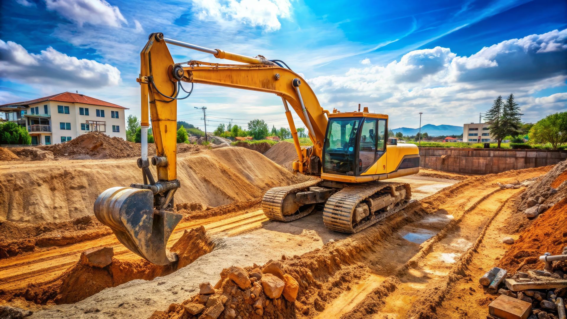 Une pelleteuse jaune réalise un terrassement près d'immeubles d'habitation.