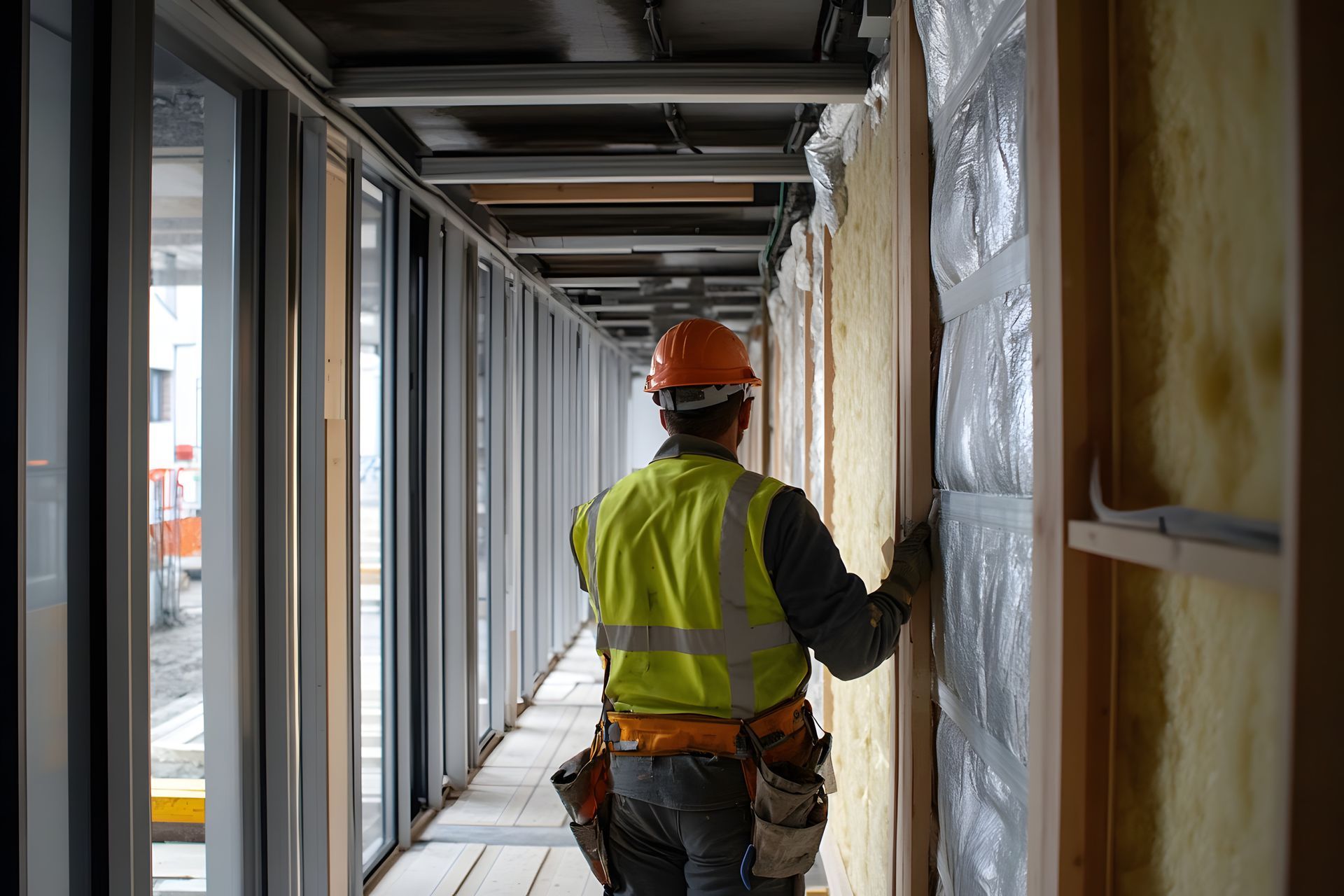 Un ouvrier du bâtiment installe de l'isolant dans un couloir d'immeuble, portant un gilet réfléchissant et un casque de chantier.