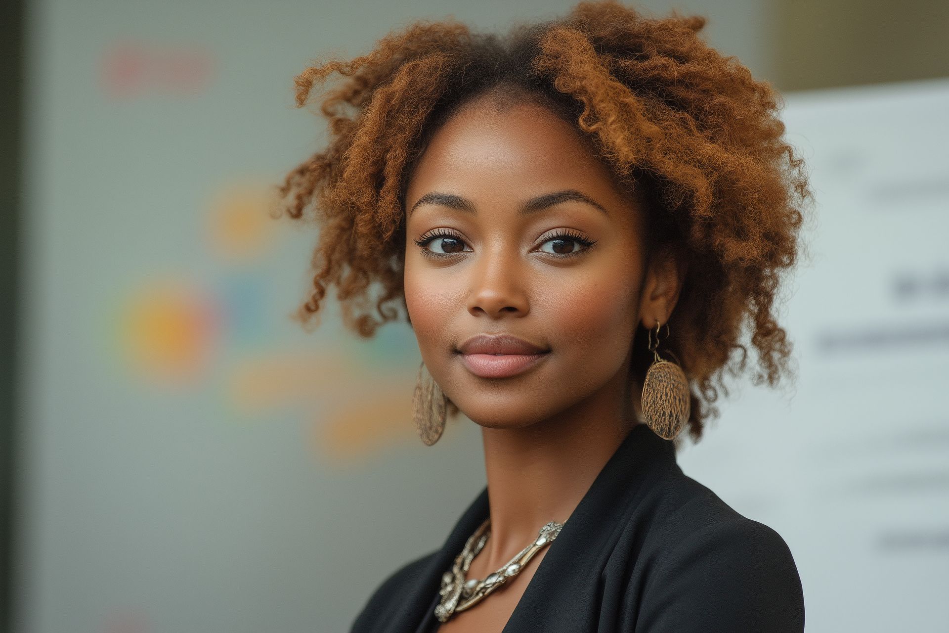 Une femme aux cheveux bruns bouclés, vêtue d'un blazer noir et d'un collier, sourit devant un arrière-plan flou.