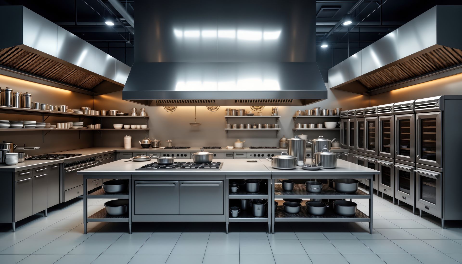 Une cuisine professionnelle équipée de meubles en inox.