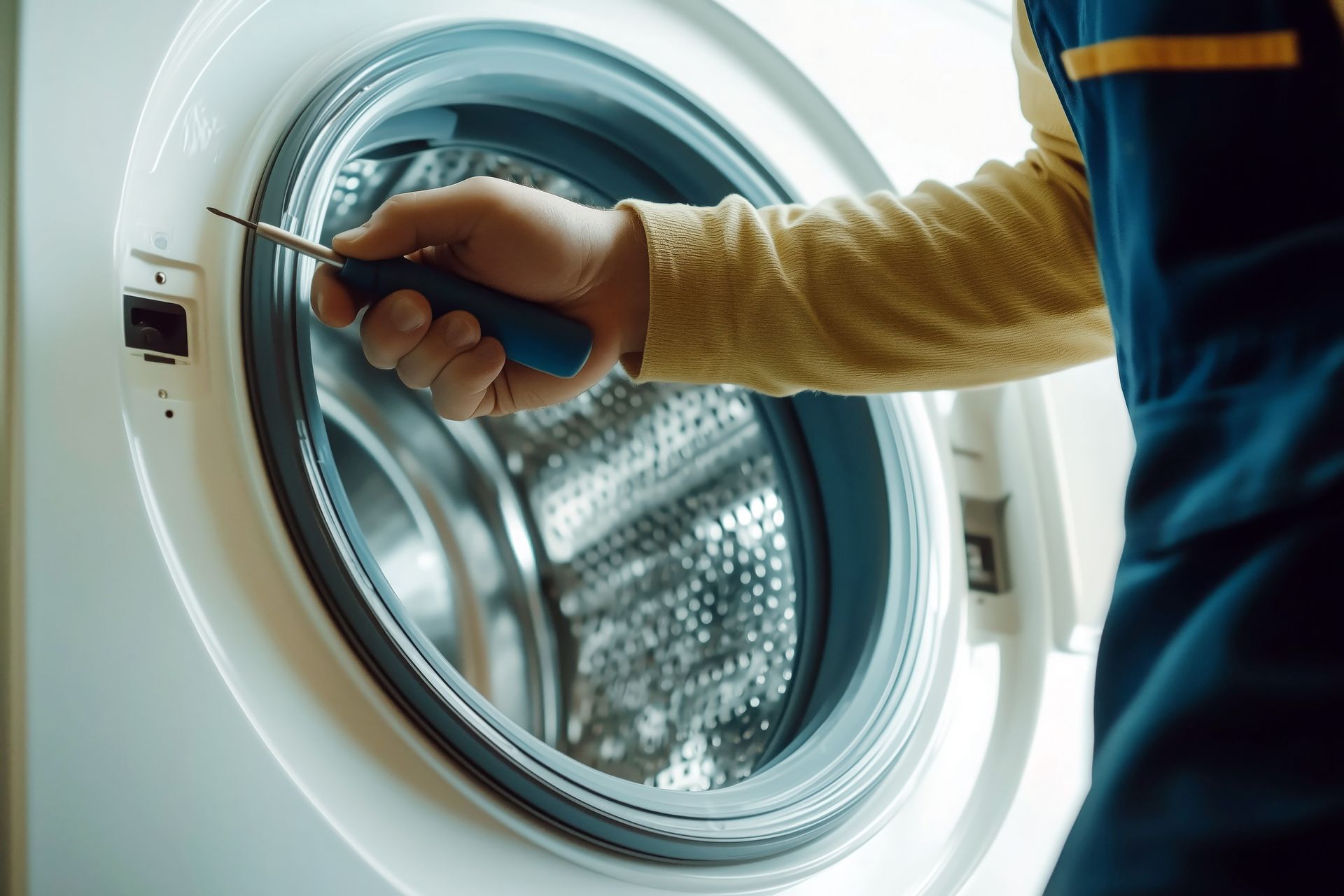 Une personne réparant une machine à laver.