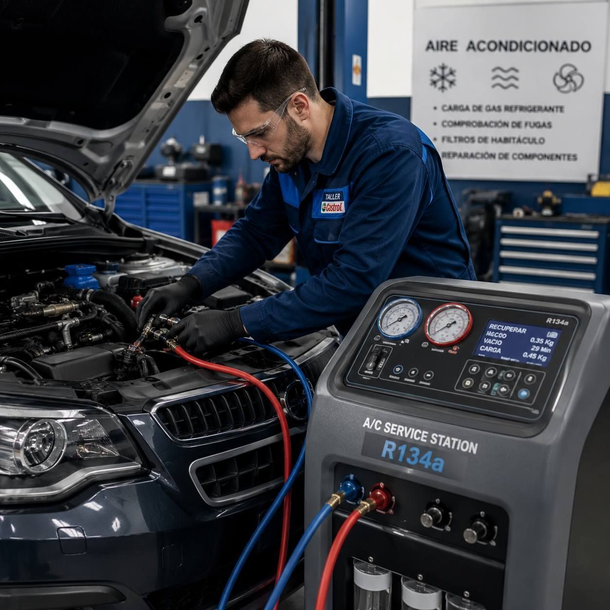 Mecánico realizando mantenimiento al motor de un automóvil con servicio de aire acondicionado en un taller.