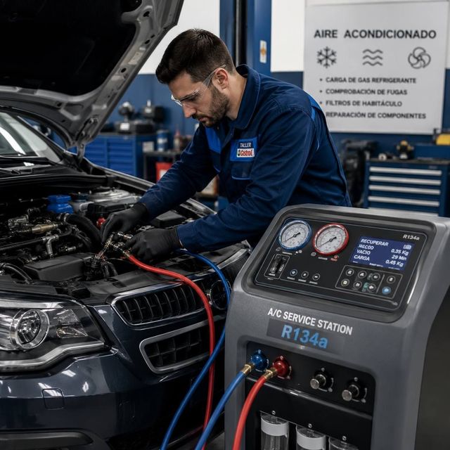 Mecánico realizando mantenimiento al motor de un automóvil con servicio de aire acondicionado en un taller de reparación.