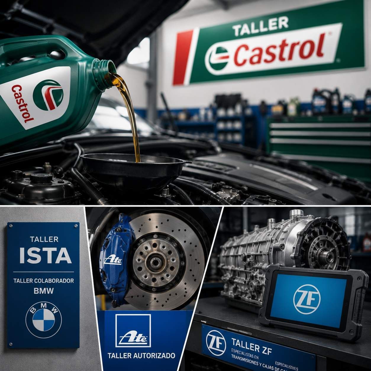 Aceite Castrol vertiéndose en un motor BMW, con letreros de servicio Castrol, ISTA y ZF en un collage de taller.