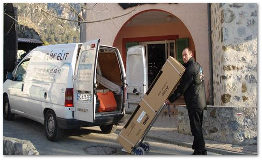 Homme transportant un gros carton pour le mettre dans la camionnette de l'entreprise