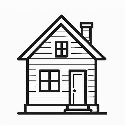 Schwarz-weiße Strichzeichnung eines kleinen Hauses mit Schornstein, Tür und zwei Fenstern.