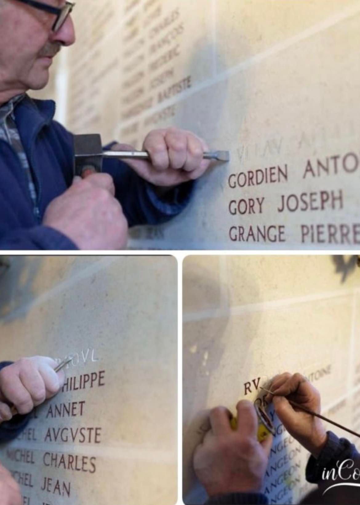 Plaque commémorative à Saint-Barthélemy-le-Meil avec des noms gravés et des fleurs jaunes à sa base.