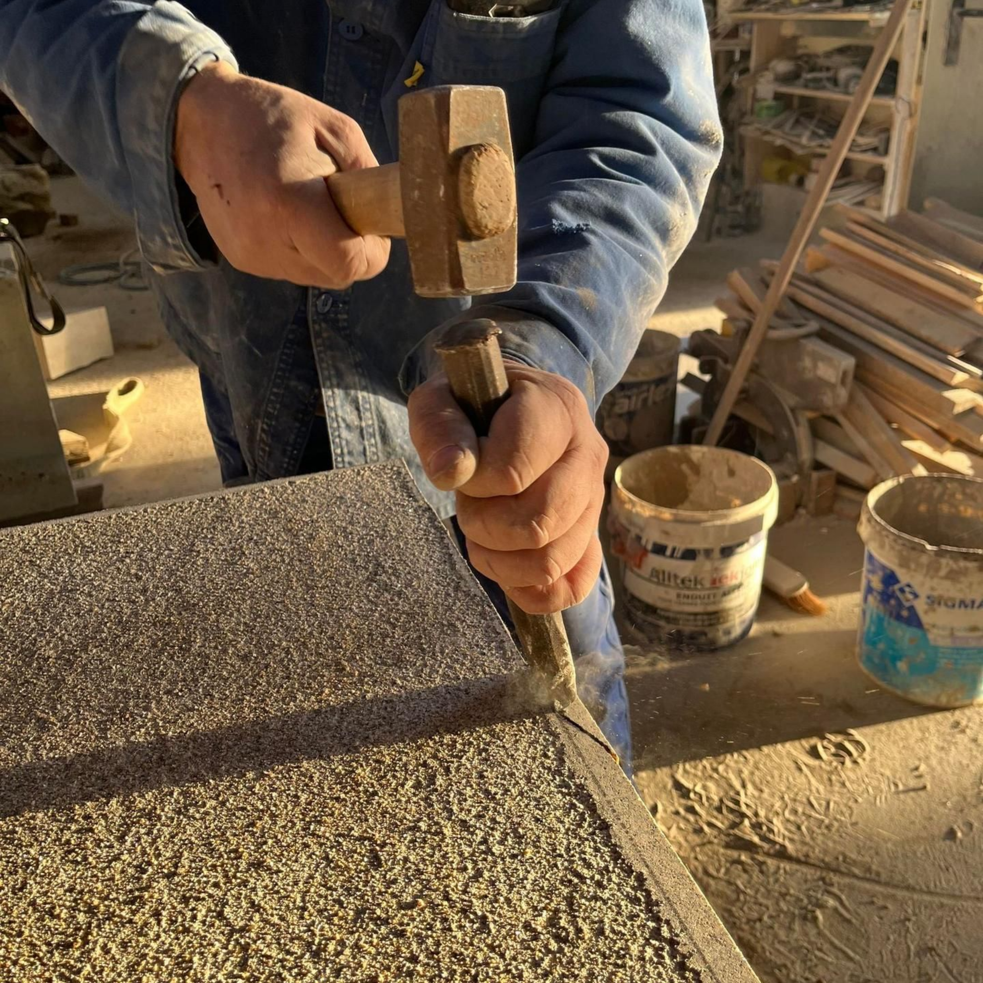 Un ouvrier, muni d'un marteau et d'un burin, travaille le bord brut d'un béton dans un atelier poussiéreux.