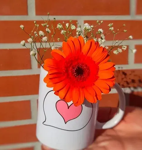 Una persona sostiene una taza con una flor y un corazón.