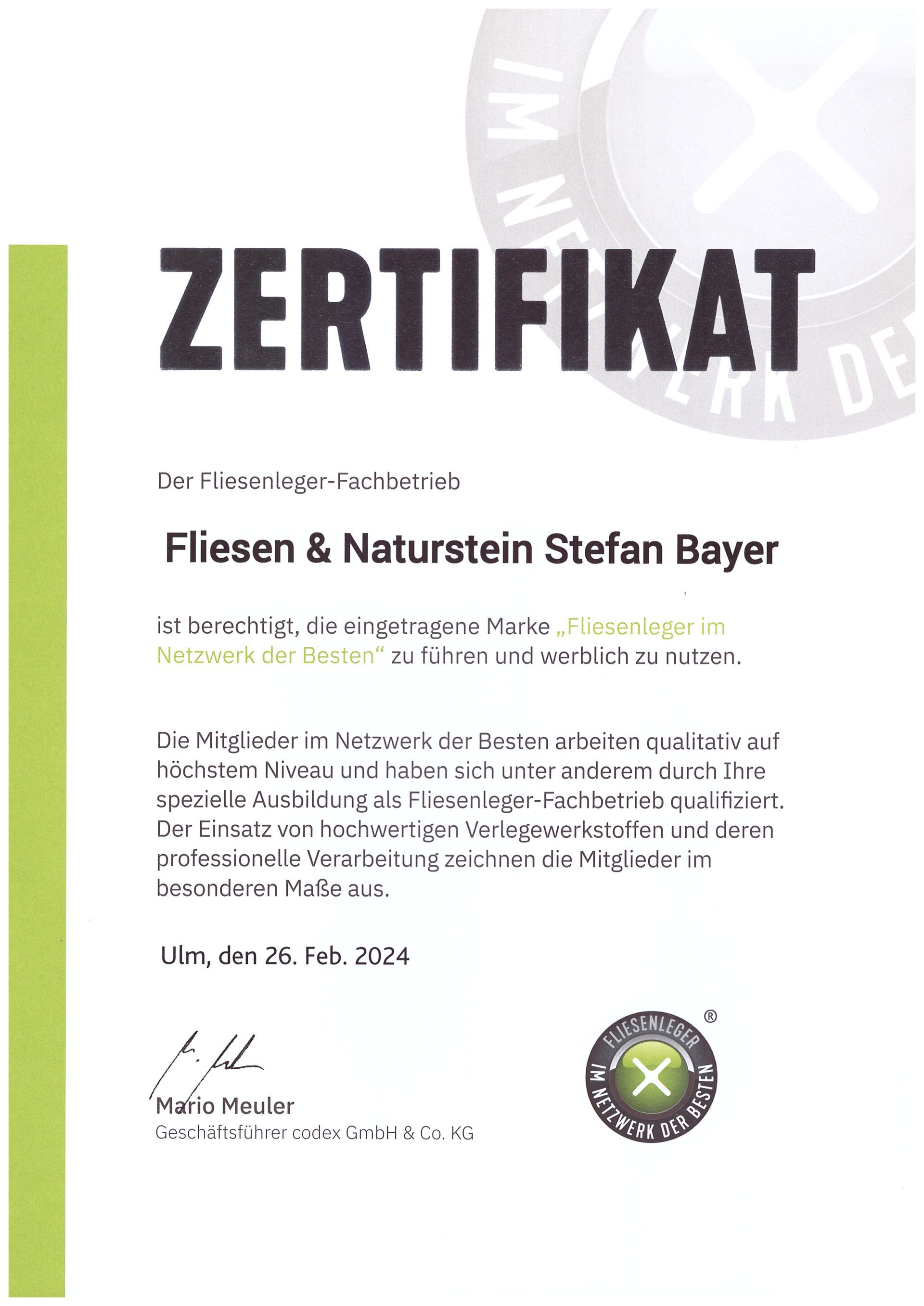 Eine Urkunde mit dem Namen Stefan Bayer