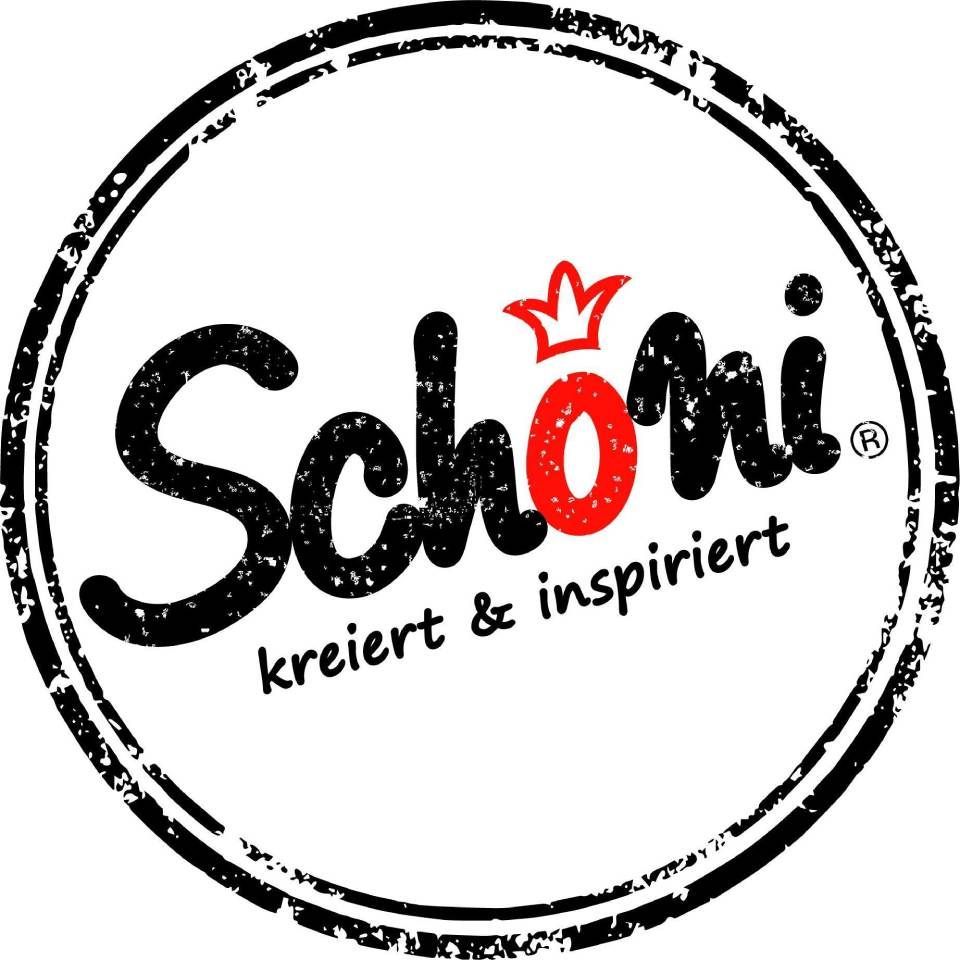 Ein schwarz-weißes Schoeni-Logo mit einer roten Krone