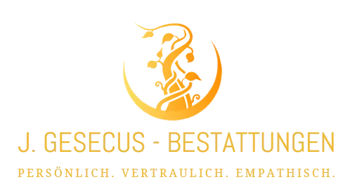 Goldenes Logo: stilisierter Baum im Halbmond, mit Text „J. Gesecus – Bestattungen“ und Adjektiven.