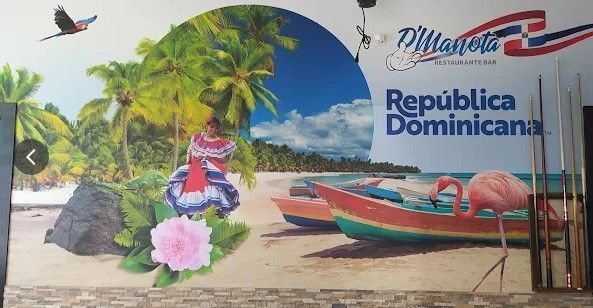 Mural playero colorido con palmeras, barcos, flamencos y el texto “República Dominicana”.