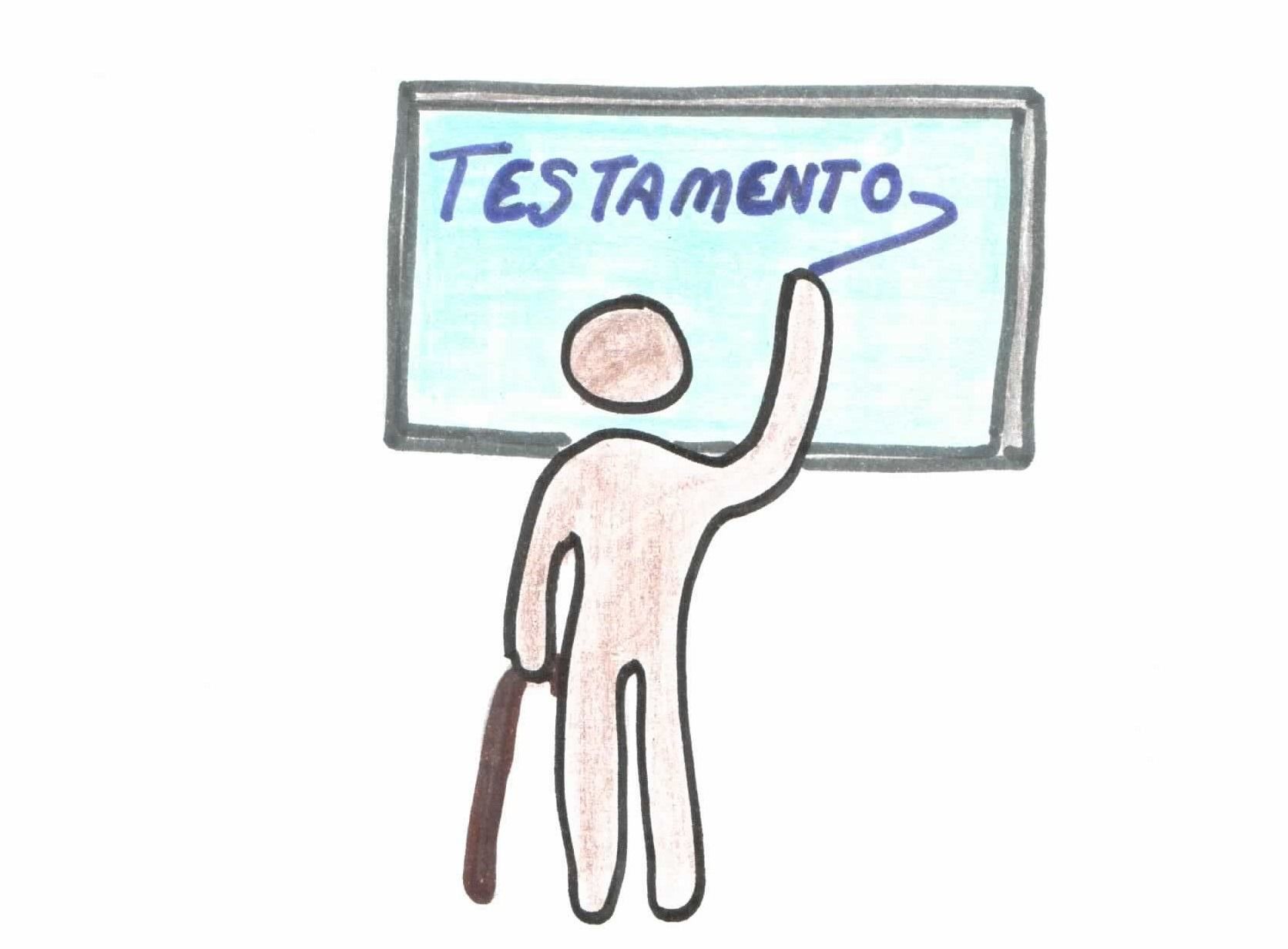 Un dibujo de una persona señalando un cartel que dice testamento.