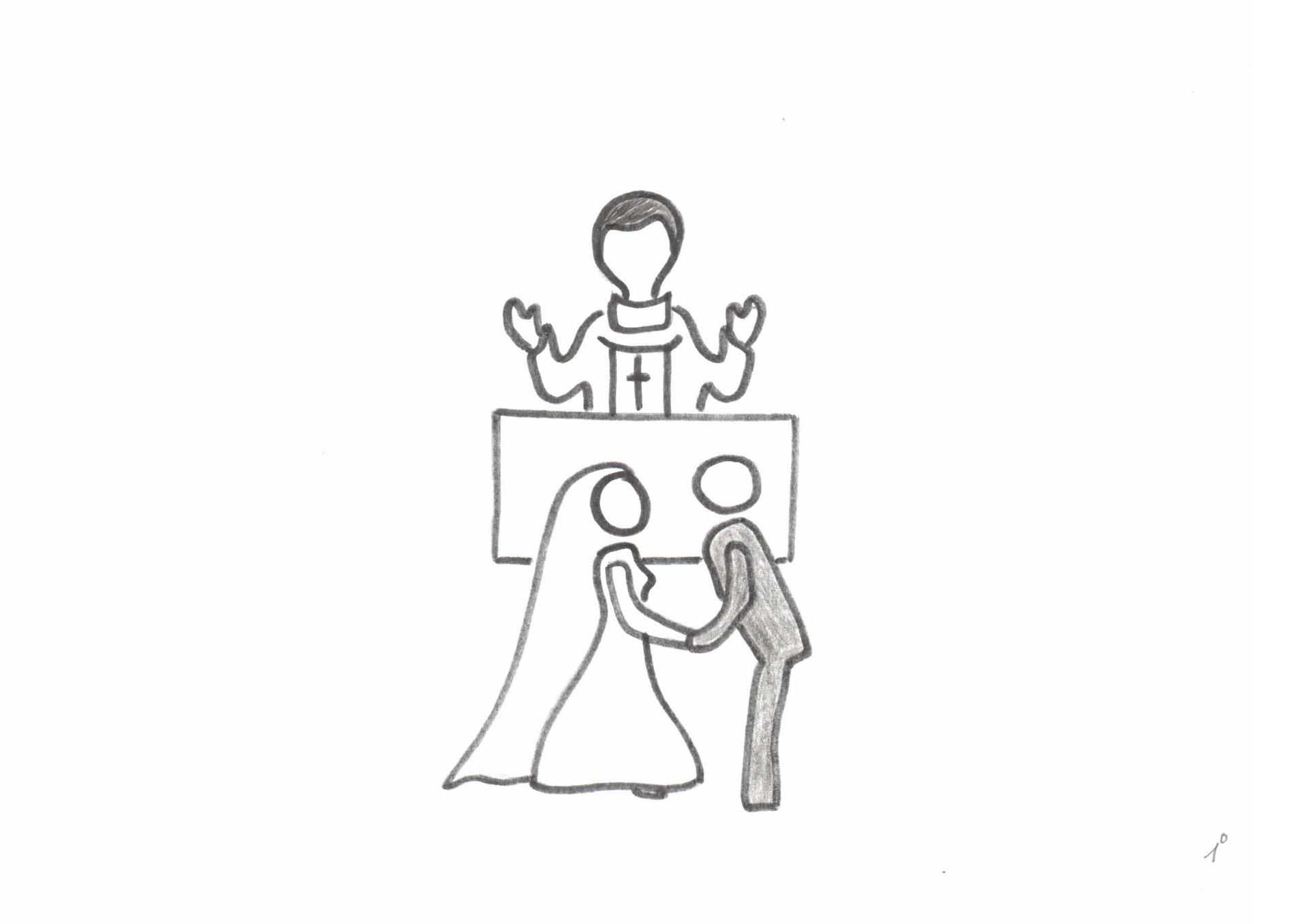 Un dibujo en blanco y negro de una novia y un novio tomados de la mano en una ceremonia de boda.