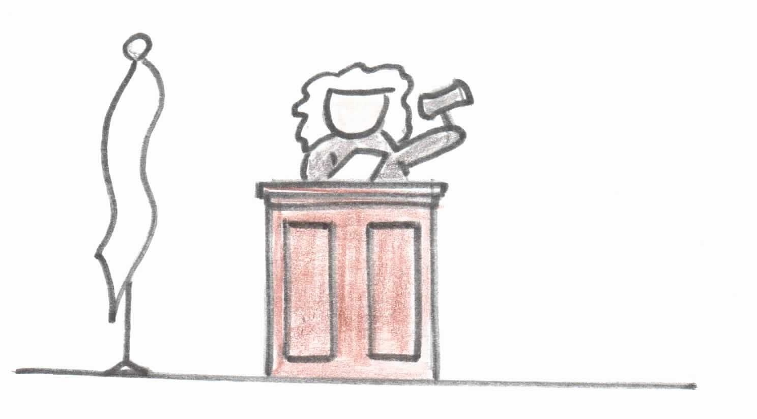 Un dibujo de un hombre de pie en un podio dando un discurso.